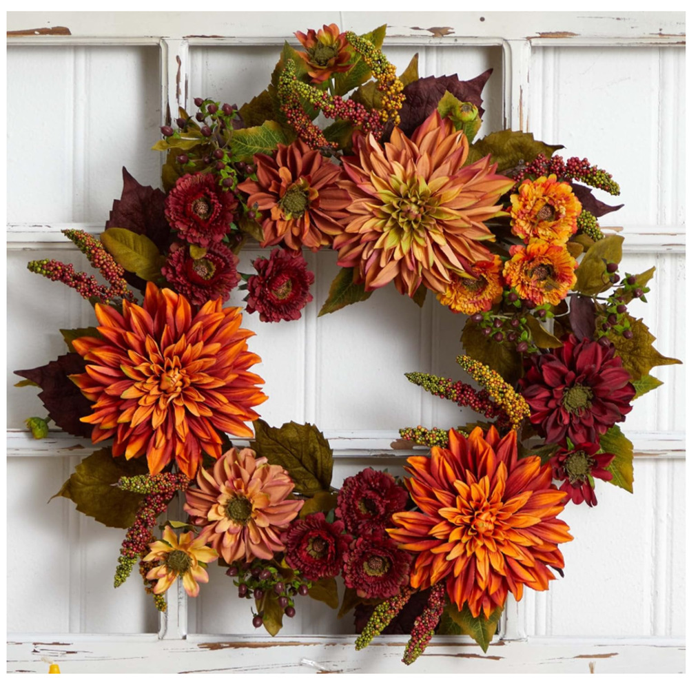 Nearly Natural 22” Dahlia & Mum Wreath Realistic Fall Artificial Decor